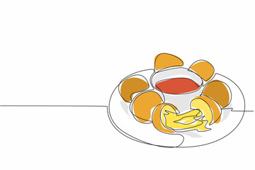 Continuous one line drawing cheese balls on plate with mayonnaise sauce. Crispy snack with melted cheese. Extraordinary pleasure. National Cheese Ball Day. Single line draw design vector illustration