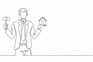 Continuous one line drawing young male auctioneer in suit and tie holding miniature house and wooden hammer. Troubled investment. National Auctioneers Day. Single line draw design vector illustration