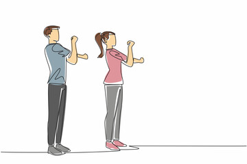 Continuous one line drawing the couple doing warm-up movements. Movements needed to avoid accidents during sports. Healthy together. National Exercise Day. Single line draw design vector illustration