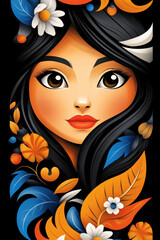 stunning pop art portrait of fierce female warrior with vibrant colors and floral elements, showcasing strength and beauty