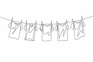 Single one line drawing 5 colorful t-shirts are drying on the clothesline. Adding brightness to the morning when drying. Laundry. National Hanging Out Day. Continuous line design graphic illustration