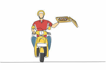 Continuous one line drawing pizza delivery man riding motorbike one hand holding open pizza box. Delivered on time. Pizza Delivery Driver Appreciation Day. Single line draw design vector illustration
