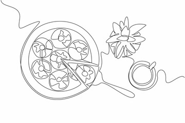 Continuous one line drawing pineapple upside-down cake in round shape on wooden cutting board. More delicious with tea. Zesty. Pineapple Upside-Down Cake. Single line draw design vector illustration