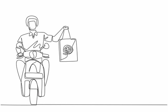 Continuous one line drawing pizza delivery man riding a motorbike and carrying a package bag. Fast food delivery. Pizza Delivery Driver Appreciation Day. Single line draw design vector illustration