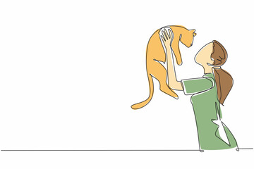 Single continuous line drawing a woman lifts and carries a cat. Inviting the pet to joke around. Funny behavior. Cat lover. Adorable. Cute. National Cat Lady Day. One line design vector illustration