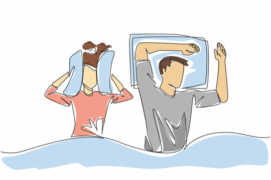 Single one line drawing wife covers both her ears with pillow. Snoring sound that is too loud. Disturbs comfort before going to sleep. Stop Snoring Week. Continuous line design graphic illustration