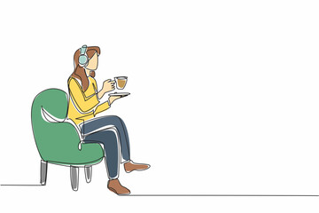 Single one line drawing woman sitting on sofa enjoying warm tea wearing headphones. Double pleasure makes more relaxing. Classical music. National Tea Day. Continuous line design graphic illustration