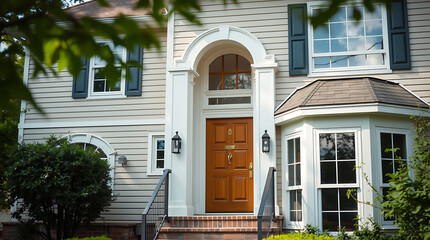 Fototapeta premium Elegant Suburban Home Exterior: Classic Architecture and Landscaping. Discover the charm of this beautiful house with its inviting entrance and well-maintained facade.