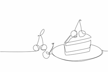 Single one line drawing cherry cheesecake slices with cherry topping on small plate. A piece of extraordinary deliciousness. National Cherry Cheesecake Day. Continuous line design graphic illustration