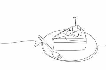 Continuous one line drawing cherry cheesecake cut on a small round plate. Cherry topping adds freshness. Delicious. Tasty. National Cherry Cheesecake Day. Single line draw design vector illustration