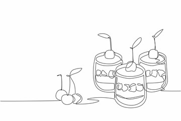 Single one line drawing 3 cups of cherry cheesecake. Ease of serving. Delicious cake in small version. Delicious. Savory. National Cherry Cheesecake Day. Continuous line design graphic illustration