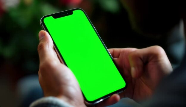 Close-up shot of hands holding a smartphone with a green screen for easy editing