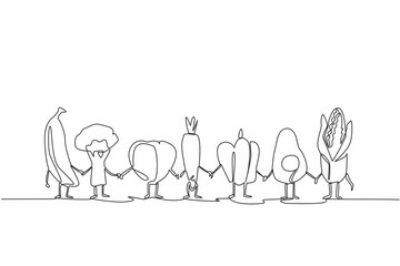 Single one line drawing various foods become characters and while holding hands. Spend or do not buy too much. Avoid wasteful behavior. Stop Food Waste Day. Continuous line design graphic illustration
