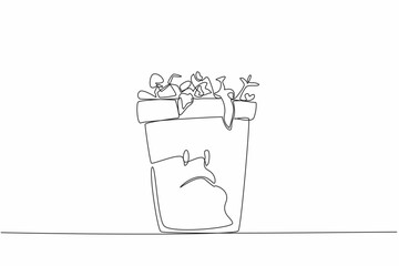 Single continuous line drawing trash can is filled with lots of leftover food. Trash can sad character because of wasteful behavior. Redundant. Stop Food Waste Day. One line design vector illustration