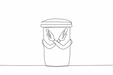 Single continuous line drawing trash can that has hands and makes a crossed gesture. It is forbidden to throw away the food. Finish it off. Stop Food Waste Day. One line design vector illustration