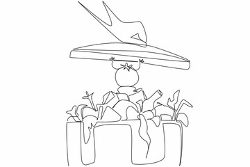Continuous one line drawing hand closes trash can. Rejected tomato character so as not to be closed. Must not be wasteful. Redundant. Stop Food Waste Day. Single line draw design vector illustration