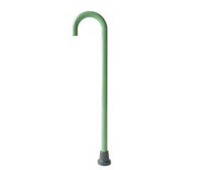 Green curved walking cane with black rubber tip on transparent background