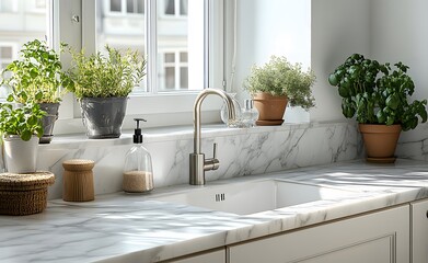 Naklejka premium Modern kitchen with marble countertop and herbs