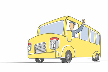 Continuous one line drawing the bus driver sticks out part of his body while making a thumbs up gesture. Dedication. School Bus Driver Appreciation Day. Single line draw design vector illustration