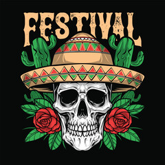 skull with red roses wearing sombrero hat