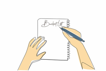 Continuous one line drawing hand holding a pen and writing in a notebook. Designing targets for the future. Writing down dreams. National Bucket List Day. Single line draw design vector illustration