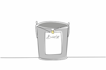 Single continuous line drawing bucket with paper attached to the outside with the words Bucket List written on it. Bucket full of dreams. National Bucket List Day. One line design vector illustration © Simple Line