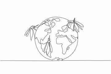 Single continuous line drawing several mosquitoes of various sizes stick to the globe. Massive spread of disease-carrying mosquitoes. Stop it. World Malaria Day. One line design vector illustration