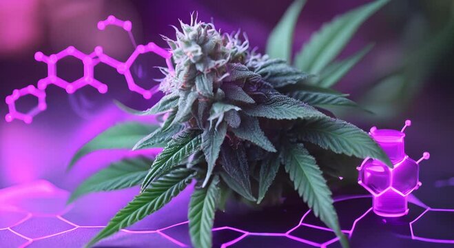 Close-up of cannabis plant with molecular graphics, highlighting its scientific aspects.