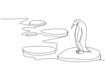 Continuous one line drawing penguin standing on ice. Melting polar ice is dangerous for animals. Warming earth is dangerous for habitats. World Penguin Day. Single line draw design vector illustration