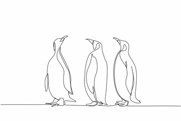 Single one line drawing three adult penguins standing. Observing the surrounding area. Avoiding danger. Looking for food. The emperor. World Penguin Day. Continuous line design graphic illustration