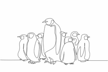 Continuous one line drawing 1 adult penguin standing among several penguin chicks. Teaching to find food in the wild. The emperor. World Penguin Day. Single line draw design vector illustration