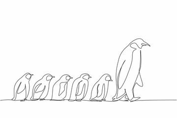 Single one line drawing 1 adult penguin walking in front of 5 baby penguins walking behind him. Animals that like to colonize. Migration. World Penguin Day. Continuous line design graphic illustration