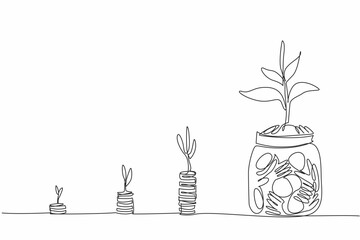 Single one line drawing hand inserts a coin into a jar containing a pile of coins and a tree. Investment for the future. National Financial Awareness Day. Continuous line design graphic illustration