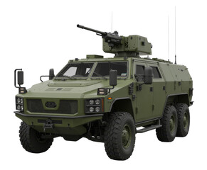Green military vehicle with a top mounted turret and six large tires, transparent background