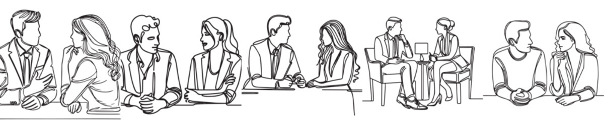vector group of men and women talking in a continuous line style