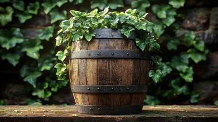 Fototapeta premium Ivy-draped barrel, stone wall backdrop, garden planter