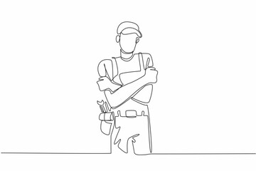 Single continuous line drawing a male plumber crosses arms and hugs himself. Feelings of excessive self love. The professional expert. National Hug A Plumber Day. One line design vector illustration