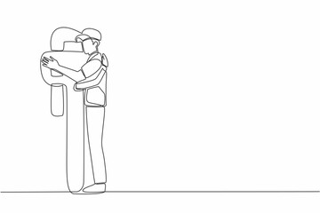 Continuous one line drawing a male plumber hugging each other with a big wrench. A loyal friend who is always there. The expert. National Hug A Plumber Day. Single line draw design vector illustration