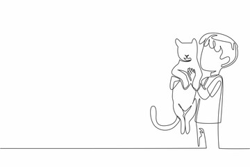 Single continuous line drawing the boy holding cat with both hands. Missing the beloved cat. Always carried everywhere. Friendship. National Kids and Pets Day. One line design vector illustration