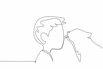 Single continuous line drawing the cat licking nose of boy. Gratitude after being given delicious nutritious food. The favorite cat. National Kids and Pets Day. One line design vector illustration