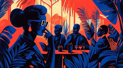 Stylish woman at tropical cafe, friends dine, lush plants