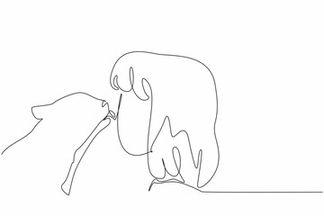 Continuous one line drawing cat licking girls nose. A gesture of gratitude from animals to humans. Communication without words. National Kids and Pets Day. Single line draw design vector illustration