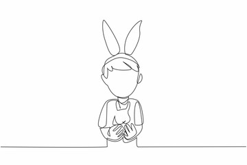Single one line drawing the boy carrying a rabbit and his head wearing a rabbit ear headband. School drama. Resembling a pet. National Kids and Pets Day. Continuous line design graphic illustration