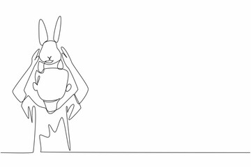 Single continuous line drawing the boy puts rabbit on his head. Inviting a cute bunny to joke. Nurtured from childhood. Like family. National Kids and Pets Day. One line design vector illustration