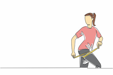 Single continuous line drawing a woman shaves her thighs with a measuring tape wrapped around her thighs. Exercises to tone thigh muscles. Love Your Thighs Day. One line design vector illustration
