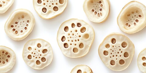 Obraz premium Slice of fresh lotus roots arranged artistically on a clean white background, showcasing circular shapes and natural patterns in light cream tones.