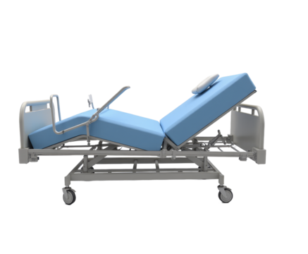 Hospital bed with adjustable blue mattress and pillow on a transparent background
