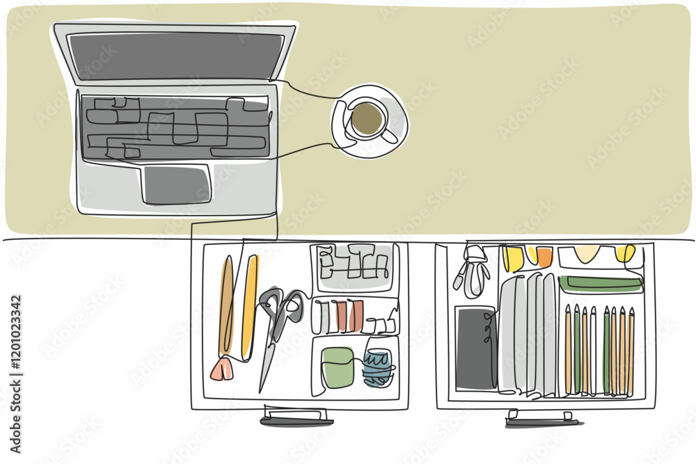 Poster continuous one line drawing work desk with open drawers and various contents. a tidy workspace alway