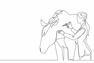 Single one line drawing female veterinarian is injecting a horse in the neck. Injecting multivitamins for a speedy recovery. National Help A Horse Day. Continuous line design graphic illustration