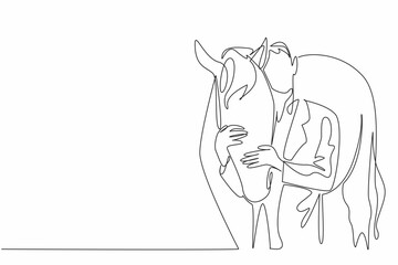 Continuous one line drawing male veterinarian hugging horse head. Gently stroke the head before performing the check. Profession. National Help A Horse Day. Single line draw design vector illustration